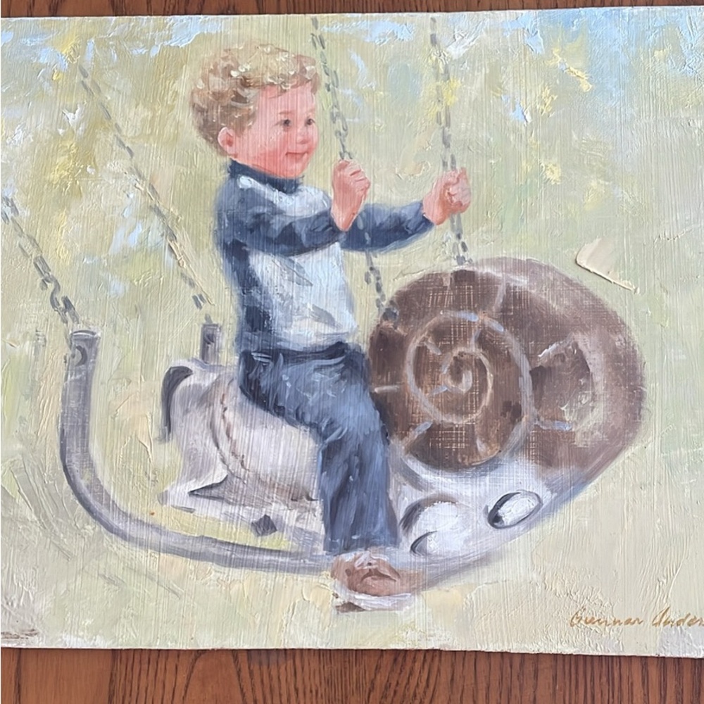 Original oil painting of a child on an old-fashioned swing